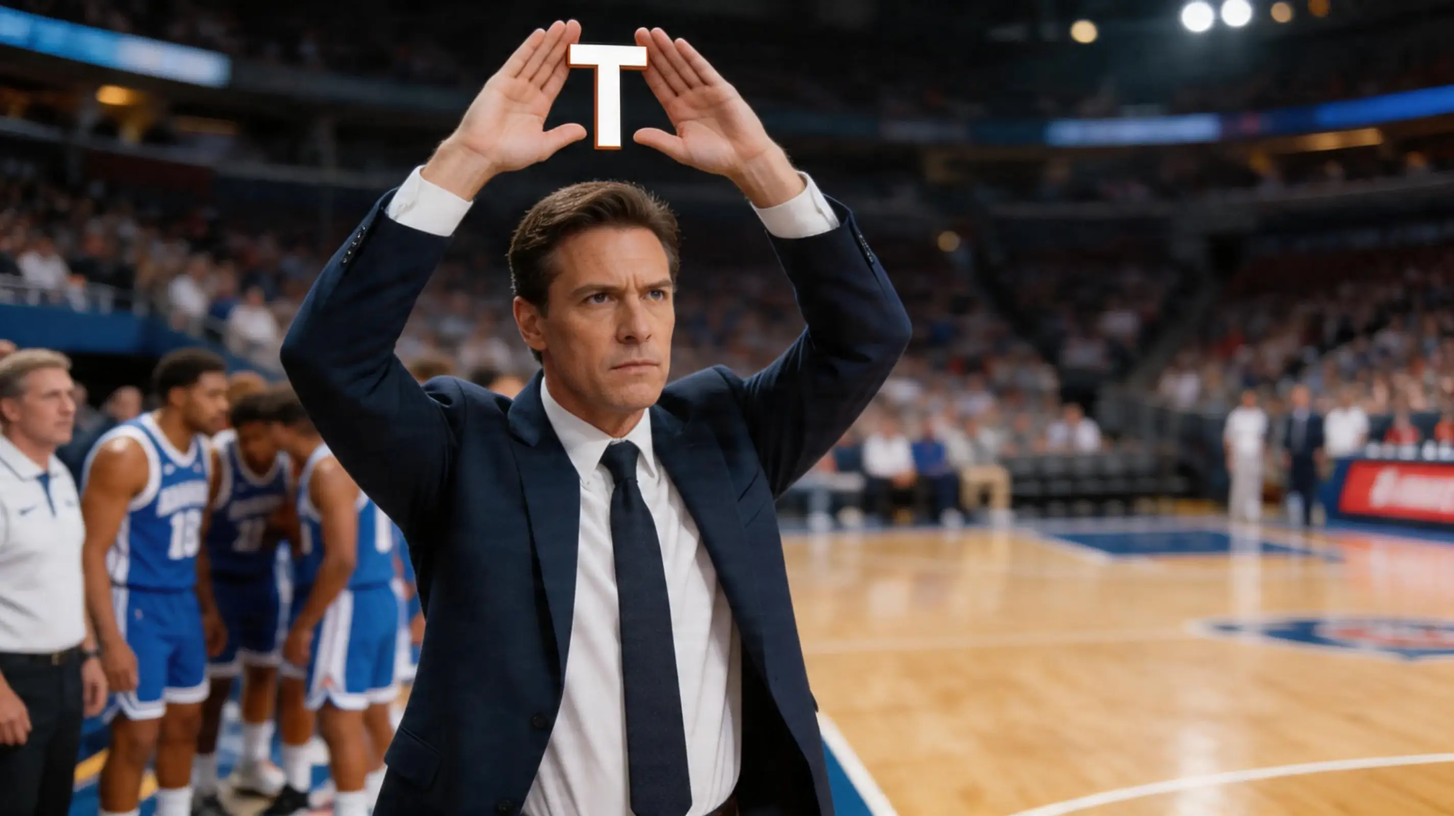 Basketball coach calling timeout during game showing strategic momentum break