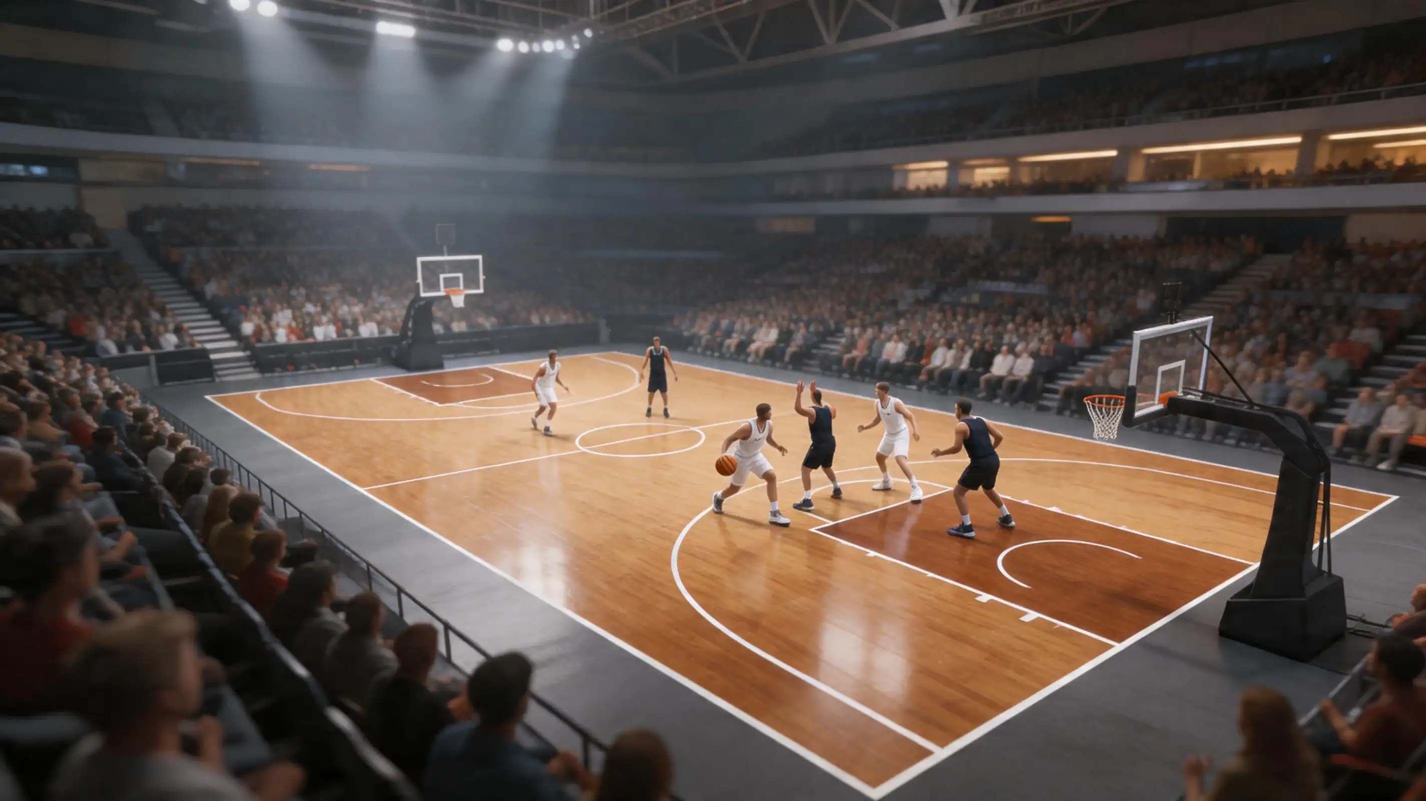 Basketball arena during NBA game with live betting odds overlay display showing spreads and totals